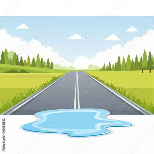 Road with Puddle in Rural Landscape Illustration Flat Design Travel Outdoors