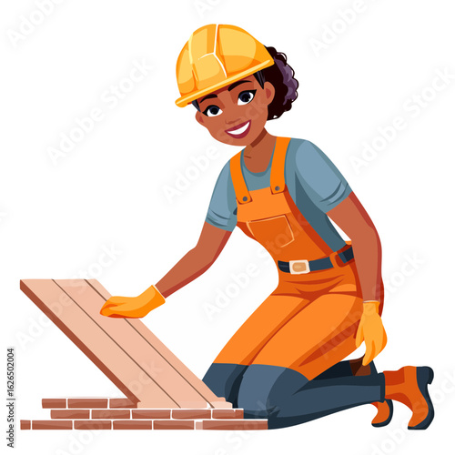 Woman bricklayer laying bricks with wooden planks in construction overalls and hard hat