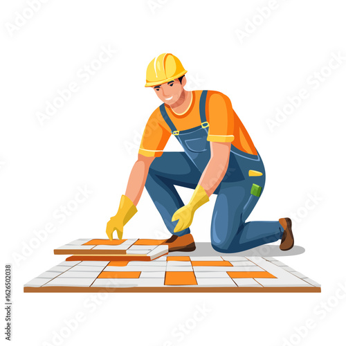 Worker laying tiles on floor cartoon illustration home improvement construction industry installation process with protective gear