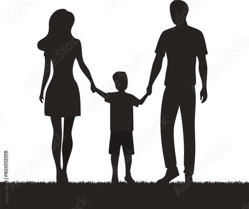 A loving family silhouette with a mother, father, and son holding hands. This vector graphic symbolizes parental love, unity, and togetherness.