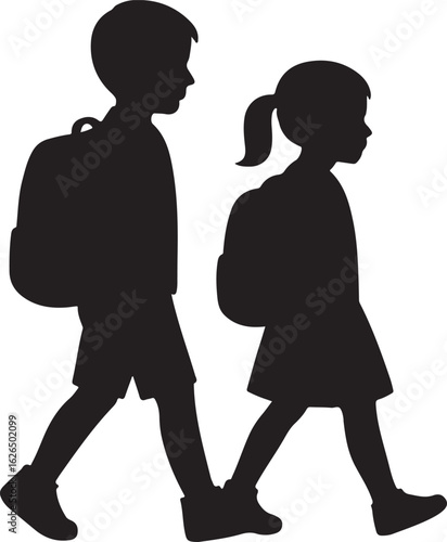 Silhouette of a Boy and Girl Walking to School with Backpacks