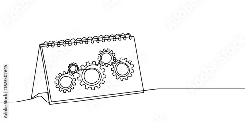 Continuous line gear one icon art cog work business factory wheel. Line gear continuous setting computer vector outline cogwheel technology sketch drawing science stroke machine brain background.