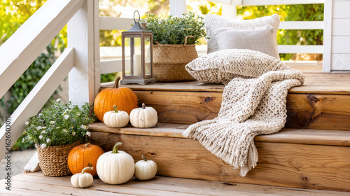 Cozy autumn scene featuring pumpkins, decorative pillows, and plants on wooden stairs in a warm and inviting outdoor setting