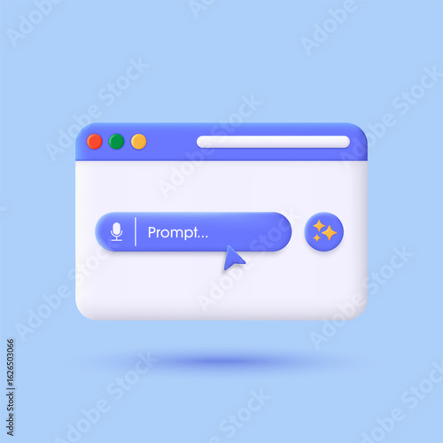 3D Web browser and generate bar. AI Assistant and Tool. Concept of Artificial Intelligence. Input prompt as commands for search and analysis by AI. Minimalist cartoon icon. Modern vector in 3d style.