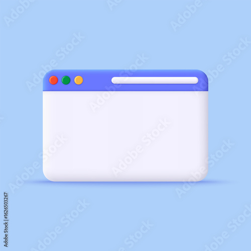 3D Web browser icon. Blank screen web browser in realistic design. Browser search website page. Minimalist cartoon icon. Trendy and modern vector in 3d style.