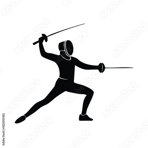 A striking black silhouette of a fencer in a classic lunge position with a sword, illustrating the agility and skill of this sport.