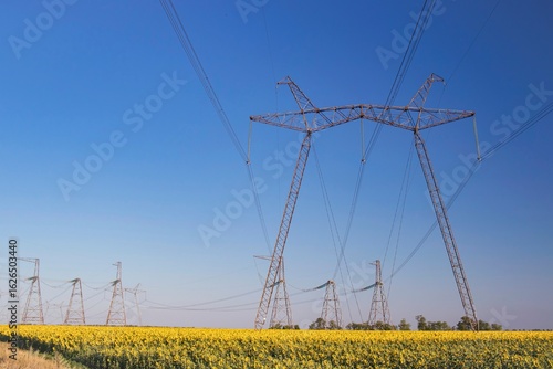 High voltage power transmission towers and power lines in a field of sunflowers under a blue sky. Power industry. Beautiful landscape.