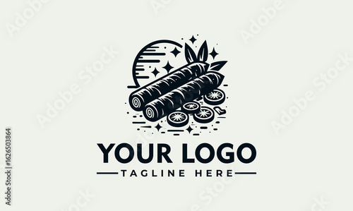 Engraved illustration of spring rolls and lemon slices in a bowl, presented as a logo design element.