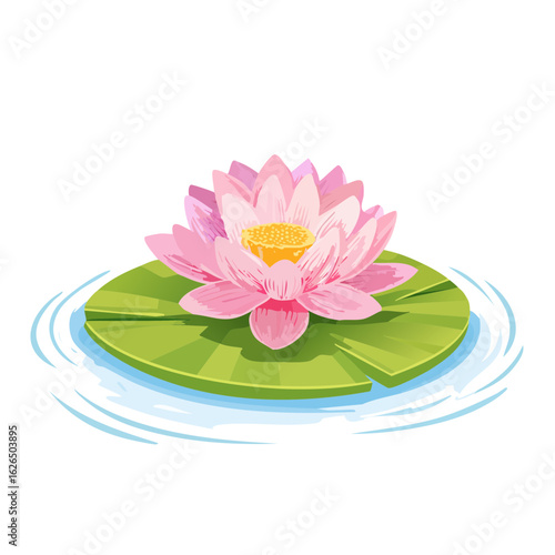 Pink lotus blossom floating on water lily pad with ripples. Graphic vector design element on black background.