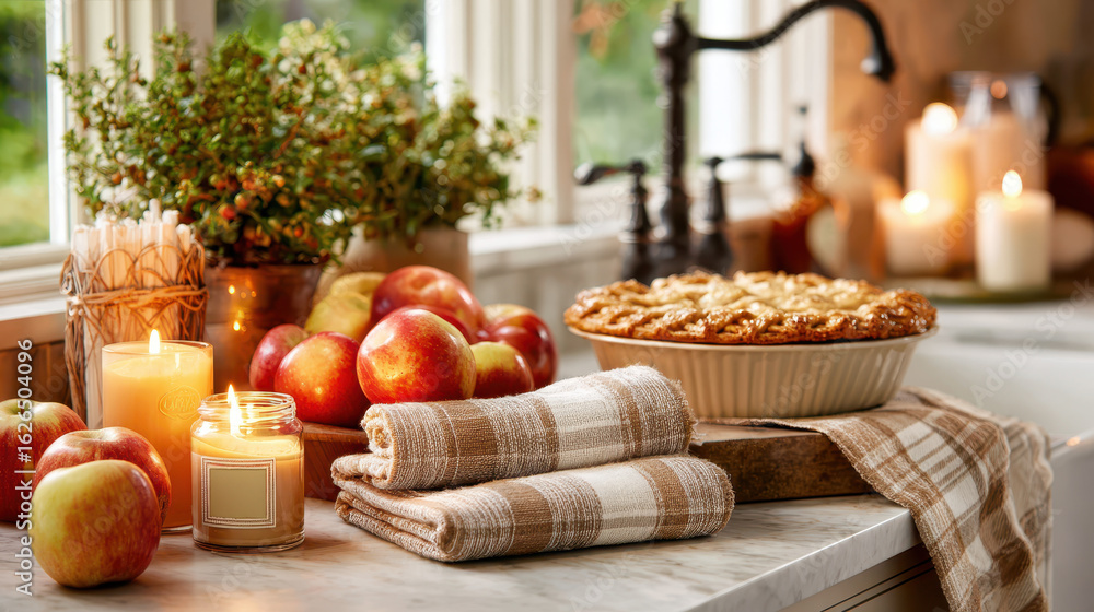 Naklejka premium Cozy kitchen setting with fresh apples, a pie, candles, and a checkered towel, creating a warm, inviting atmosphere