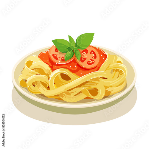 Pasta dish with tomato sauce and basil leaves on a white plate vector illustration