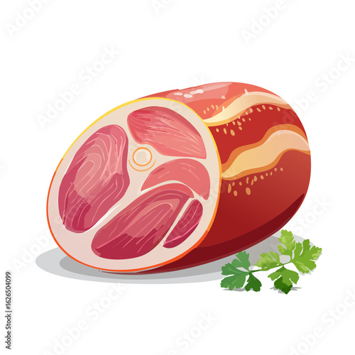 Cured ham illustration garnished with parsley Traditional delicatessen icon for food store or menu Meat dish cooking vector