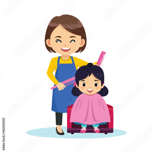 Hairdresser cutting a child's hair illustration in salon studio service and hair care with pink comb