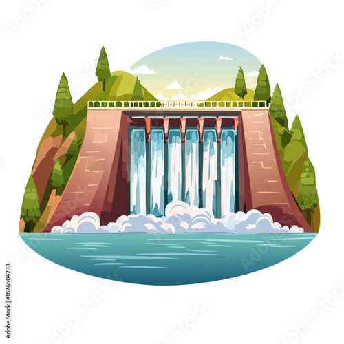 Cartoon dam landscape with cascading water and forest scenery for energy or environment graphic needs