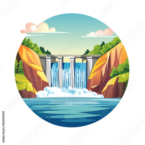 Cartoon hydroelectric dam in mountains with falling water into river against blue sky circle composition energy concept