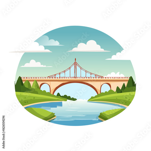 Cartoon style bridge over river with green landscape and blue sky in circle illustration peaceful scene transport architecture