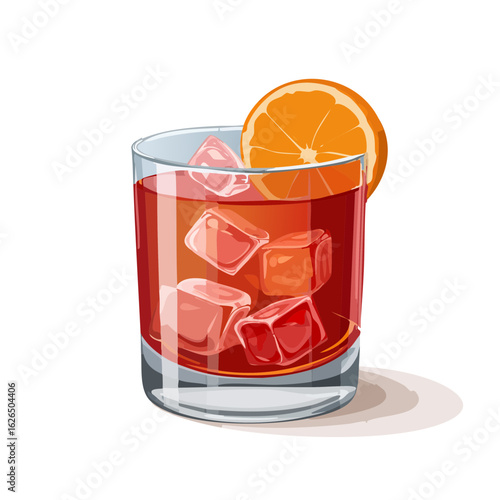 Negroni cocktail illustration Ice cubes and orange slice on the rim Classic drink