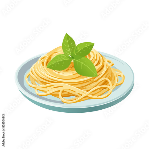 Illustration of spaghetti on a plate, garnished with basil leaves, on black background.