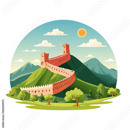 Scenic Illustration of Ancient Great Wall with Towers on Green Hills and Blue Sky
