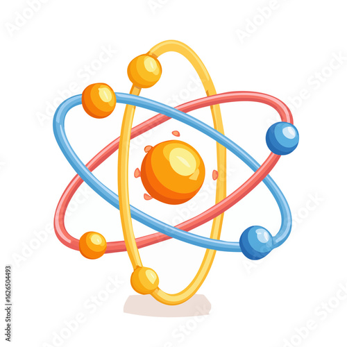 Cartoon illustration of an atom model with orbiting electrons around a nucleus, concept of science and education