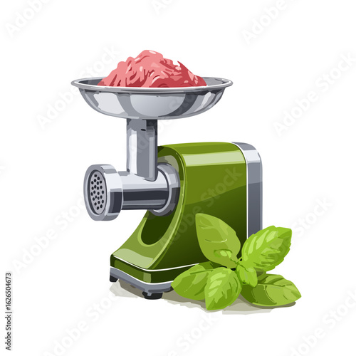 Green meat grinder illustration with raw meat and basil. Food preparation, cooking