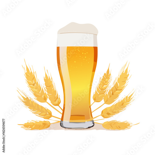 Tall glass of golden beer with frothy head and wheat stalks on a black background. Refreshing beverage design element.