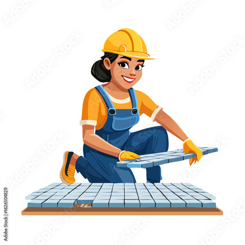 Female Construction Worker Laying Tiles in Cartoon Style Professional Tiling Work Interior Design Installation Home Improvement