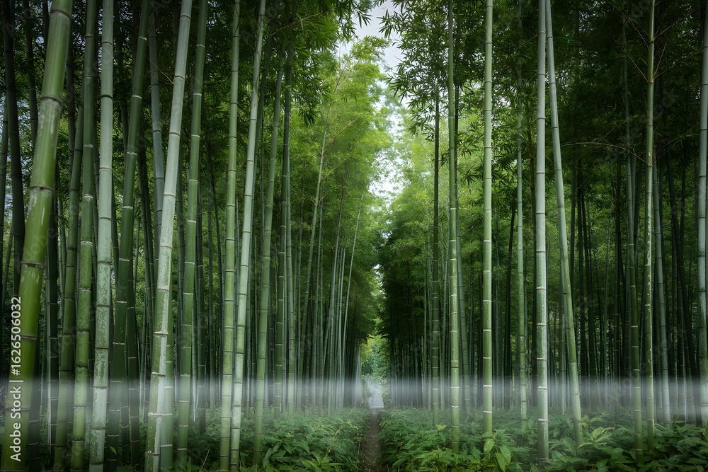 Fototapeta premium Bamboo forest with a mystical fog in the morning light and a path
