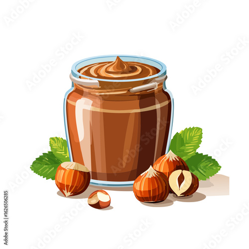 Hazelnut chocolate spread illustration. Jar of creamy dessert with nuts and mint leaves. Sweet food concept for product design.