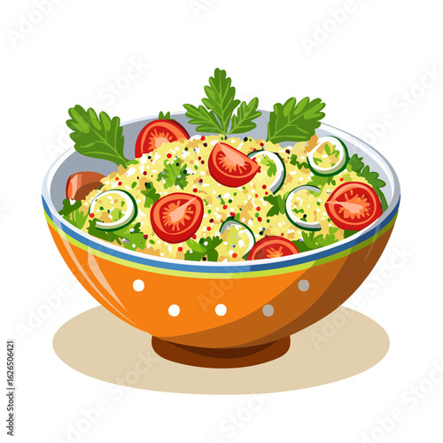 Tabbouleh Salad Illustration in Bowl with Tomatoes, Cucumber, and Parsley