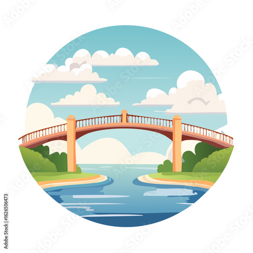 Bridge over river with clear sky and clouds landscape background illustration peaceful nature scenery travel destination