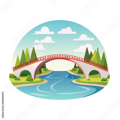 Bridge crossing river with green trees under blue sky vector illustration