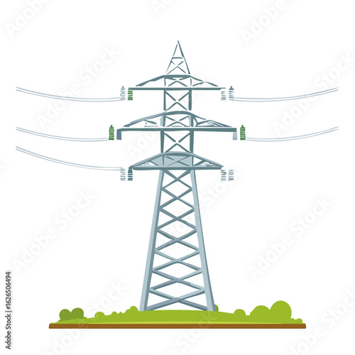 Electrical Transmission Tower Silhouette Cartoon Style on Landscape Background