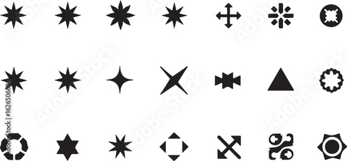 Collection of Black and White Geometric Shapes and Starbursts on a White Background