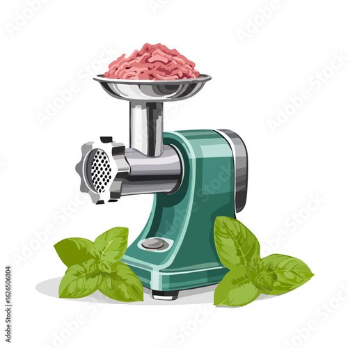 Cartoon meat grinder with minced meat and basil leaves on a black background.