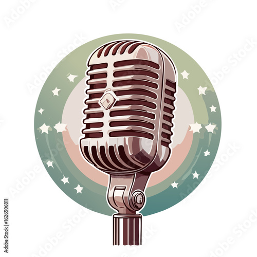 Retro Microphone on Stand with Stars Background, Vintage Stage Mic Illustration
