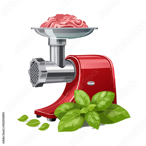 Red meat grinder with ground beef and basil illustration on black background