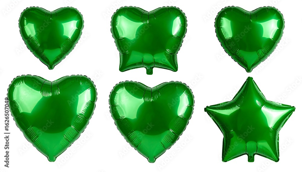 Obraz premium Emerald Green Foil Balloons: Hearts and Star Floating on White Background