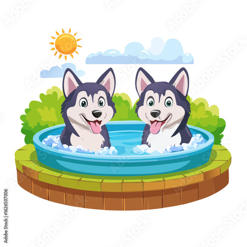 Two Cartoon Huskies Cooling Off in a Pool on a Sunny Day Outdoor Fun