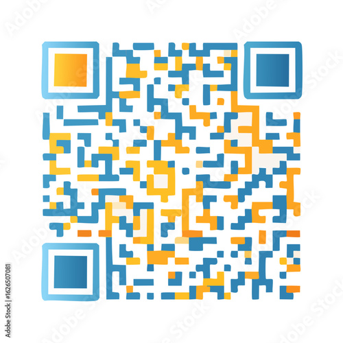 Modern QR Code Design in Blue, Orange, and White on a Black Background