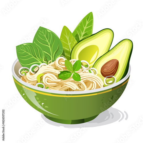 Vegan noodle bowl illustration with avocado and spinach healthy food vegetarian diet asian cuisine cooking concept