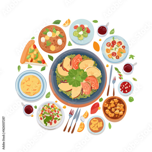 Culinary circle featuring an assortment of diverse dishes Overhead arrangement of appetizing meals  Appetizing food and beverage spread
