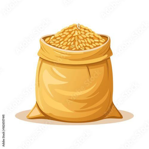 Grain bag full of harvested cereal cartoon style. Isolated burlap sack with wheat, barley, or oats illustration