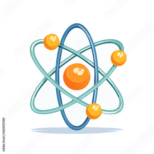 Colorful atom model with orbiting electrons on black background, science and education concept