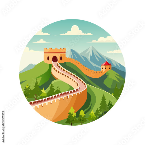 Great Wall winds through green hills and mountains under a blue sky in scenic Asia landscape.