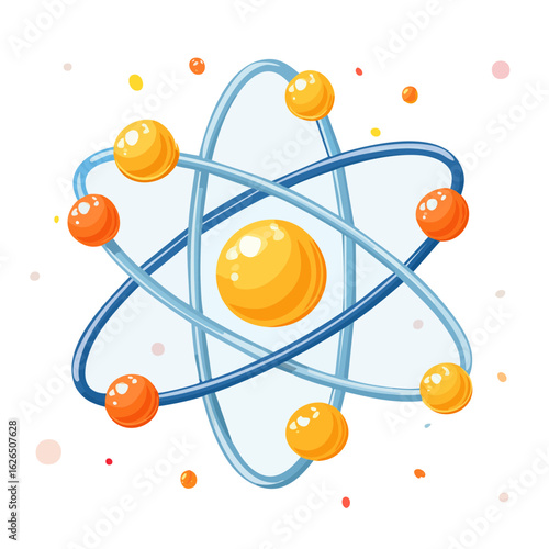 Atom model with orbiting electrons in a stylized illustration on dark background. Physics, science, chemistry concept art.