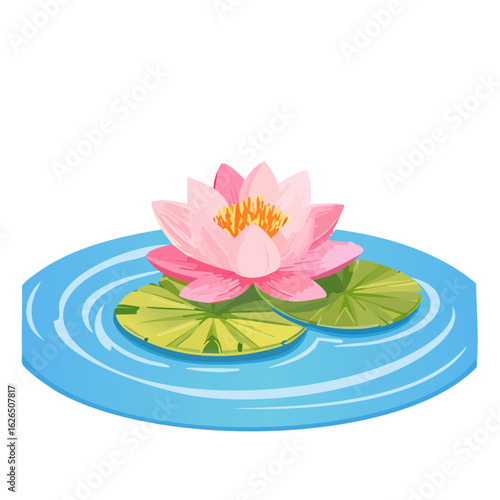 Beautiful Pink Water Lily Blossoming in Pond Illustration Elegant Aquatic Flower Floating on Water Lily Pads Cartoon Style Artwork