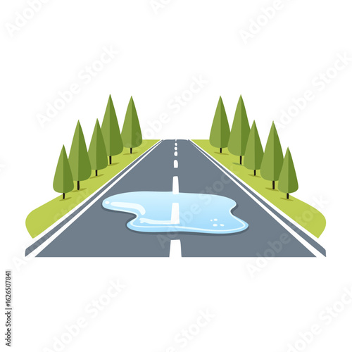 Country road with puddle after rain trees lining the road vector illustration flat design