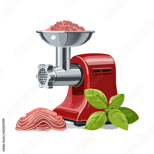 Red meat grinder mincing meat with basil leaves on a black background, kitchen tool, equipment illustration