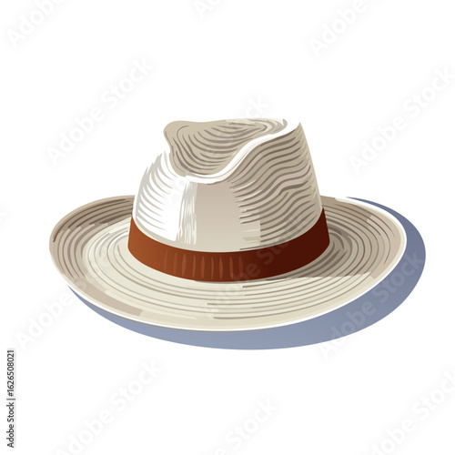 Elegant straw fedora hat illustration with brown band. Classic summer headwear for sun protection and stylish vintage aesthetic.